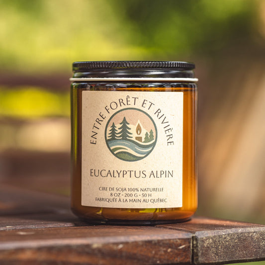 Bougie Eucalyptus Alpin • Cire de Soja Verre Ambré 8 oz • Fabriquée au Québec