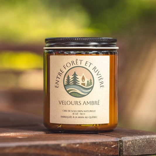 Bougie Velours Ambré • Cire de Soja Verre Ambré 8 oz • Fabriquée au Québec