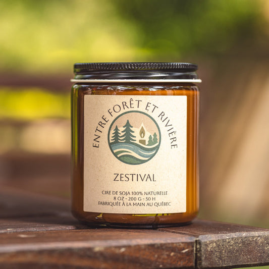 Bougie Zestival • Cire de Soja Verre Ambré 8 oz • Fabriquée au Québec